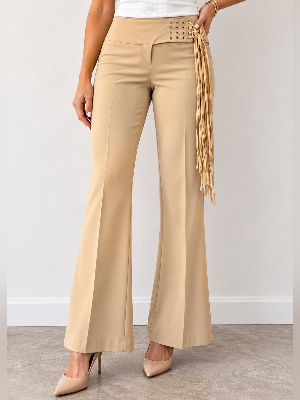 Sharagano Tan Low-Waist Flare Pants with Fringe Tie